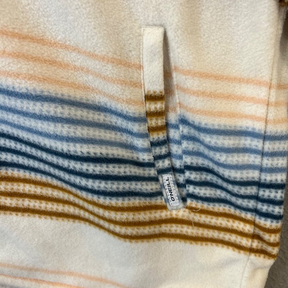 Women's Large ONeill Striped Fleece Hoodie Beige Blue Brown EUC - Picture 4 of 10